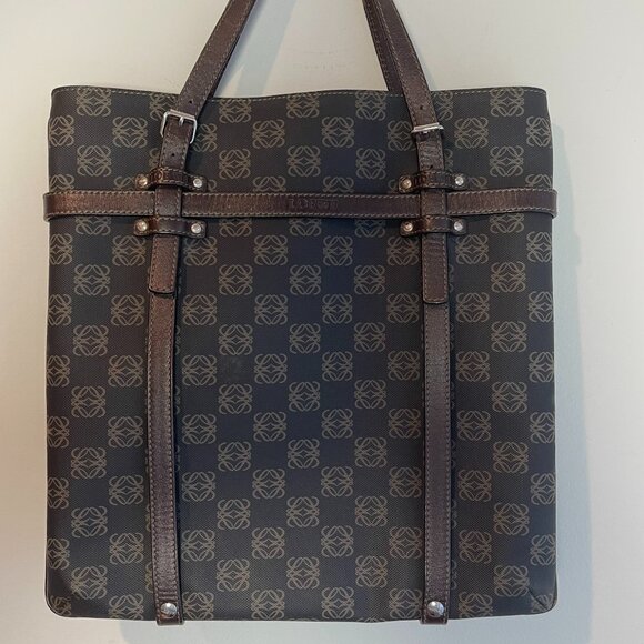 Loewe Vintage Canvas and Leather Anagram Tote - Dark Brown and Black - Preowned - Picture 1 of 15